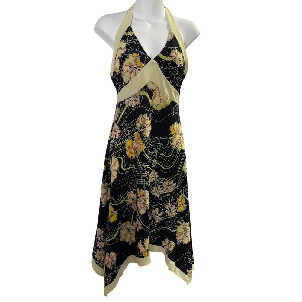 Vintage Y2K Black Yellow Floral Halter Neck Handkerchief Hem Dress Women Medium